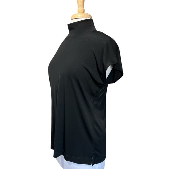 CHICOS Additions Women's L Slinky Black Travel Knit Cap Sleeve Mock Neck Top - Picture 2 of 5